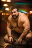 Placeholder: full figure photography of a chubby muscular strong 39-year-old hairy turkish in a discoteque, ajar mouth, shirtless, short beard, bulge, dancing, serious, manly chest, very hairy, side light, view from the ground