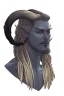 Placeholder: A tieffelin with blue skin and white Dreadlock hair. His pupil-less eyes are green. He wears a small beard.