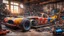 Placeholder: Officina di auto da corsa, emozionante, fantastica sgangherata officina di magia magica, diverse vecchie auto da corsa colorate smontate per riparazioni, motori, olio, ruote, telaio, ingranaggi, sedili, sterzo, freni, strumenti meccanici colorati e intricati, ingegneria straordinaria, fotografia pluripremiata, estremamente dettagliato, bellissima composizione, capolavoro, fotorealismo, luce volumetrica naturale morbida e perfetta, chiaroscuro, Heath Robinson, Escher, Disney, Pixar