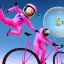 Placeholder: astronaut in pink suit flying through space on a bicycle in the style of Disney Pixar