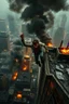 Placeholder: An intense action scene, a man hanging on the edge of a collapsing skyscraper rooftop in a destroyed city, holding on with one hand while chaos unfolds around him, cinematic lighting, ultra-realistic 8K details, dramatic perspective, burning debris and thick black smoke rising, sparks and glowing embers floating in the air, gritty textures, realistic skin details, dynamic motion blur, high contrast, apocalypse vibes, inspired by Michael Bay and Zack Snyder, hyper-detailed, photorealistic, IMAX-q