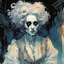 Placeholder: create an imaginative drawing of the pale translucent ghost of an aged Parisian gypsy female fortuneteller, clothed in tattered and ragged, ornate Napoleonic period dress, with finely detailed hair and feminine facial features, in the otherworldly shadows of the Paris catacombs, in the comic book art style of Bill Sienkiewicz, Mike Mignola, and Jean Giraud Moebius, finely textured, drawn, colored, and inked