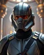 Placeholder: star wars bald male corellian pilot wearing pearlescent black and gunmetal grey First Order special forces heavy assault stealth commando armor and helmet with mirrored visor and gold and metallic red trim inside the jedi temple, hyperdetailed, dynamic lighting, hyperdetailed background, 8k resolution, volumetric lighting, light skin, fully symmetric details