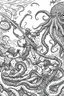 Placeholder: coloring pages for kids, 3 beatifull merman warriors fighting against a big octopus underwater, 8k, hyperdetailed, cinematic, 3d render, photo. cartoon style, thick lines, low detail, black and white, no shading, --ar 85:110