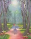 Placeholder: park mystical dream, park bench, man, woman, child, dog, trees, path, bird, sunshine, mystical, fantasy, romanticism, pastel colors, daylight, daytime, acrylic painting, detailed,