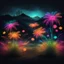 Placeholder: Dancing Colorful Neon Flowers With Neon Grass Whirling Dark Grunge Rustic Hill Background.