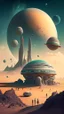 Placeholder: alien landscape with building and planets and people