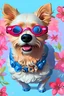 Placeholder: A detailed illustration of a happy yorkshire dog face, wearing trendy sunglasses, t-shirt design, flowers splash, t-shirt design, pastel tetradic colors, 3D vector art, light background, cute and quirky, fantasy art, watercolor effect, bokeh, Adobe Illustrator, hand-drawn, digital painting, bird's-eye view, isometric style, retro aesthetic, focused on the character, 4K resolution