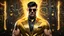 Placeholder: Hyper Realistic handsome muscular Electric-Superhero with short-black-hair wearing long-fancy-yellow-tuxedo-with-golden-circuit-patterns, Black-shirt & Golden-electric-tie & fancy-golden-sunglasses in a dark-rustic-circuit-room with electric-sparks-&-rays & a massive circuit-board-wall with-glowing-embers showing dramatic & cinematic ambiance.