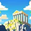Placeholder: mount olympus from the greek mythology. view from below. temples high up on the mountain. Illustration. Cloudy. Sun behind the temple of Zeus.
