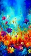 Placeholder: a smear . Field of wild a colorful flowers watercolor drawing on a blue splash colors background