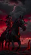 Placeholder: A black hoodedwoman with cane in the back holding , both on a black wild horse ,escaping and jumping on fire ,red clouds in the sky with storm and cinematic scene 4k