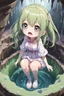 Placeholder: Anime girl with big eyes, fullbody, slime, the perspective looking up from the bottom of an empty well, rolling eyes, tongue out, tears drip, open mouth,