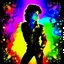 Placeholder: psychedelic colorful silhouette, Michael Jackson dancing profile, prismatic stardust background