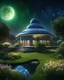 Placeholder: Night cosmic futuristic mosque in space, small lake, particle, very pretty shrubs++, well-cut green grass and small flowers of all colors, small dome-shaped house