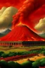 Placeholder: A red pyroclastic palace near a volcano designed in Mayan architecture painted by Jeffrey Kolker