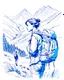 Placeholder: traveler young man and woman with backpack ,small mountain background, Drawing with a blue ink pen Inspired by the works of Daniel F. Gerhartz, with a fine art aesthetic and a highly detailed, realistic style