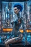 Placeholder: A beautyful transparent glass body biomechanical woman with black-blue hair, sitting in the cyberpunk rooftop bar in futuristic city, intricate details, HDR, beautifully shot, hyperrealistic, sharp focus, 64 megapixels, perfect composition, high contrast, cinematic