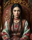 Placeholder: A stunning Native American woman with porcelain skin, high cheekbones, and piercing green eyes, dressed in a traditional embroidered sarafan, sits regally in a lavish, ornate chair, surrounded by opulent fabrics and gold accents, as if plucked from a 19th-century Russian aristocratic portrait, rendered in exquisite hyper-realistic detail, with the rich textures and subtle play of light and shadow characteristic of a masterful oil painting, reminiscent of the works of Ivan Kramskoi, Zinaida Sereb