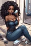 Placeholder: Create a futurism magna art of a black chibi curvy female sitting on the floor looking at herself in a hand mirror. She is wearing tight blue jeans and a black off the shoulder blouse. Prominent make up with lush lashes. Highly detailed long wavy hair. She is also wearing silver large hoop earringsart of a black chibi curvy female sitting on the floor looking at her cell phone. She is wearing tight blue jeans and a black off the shoulder blouse. Prominent make up with lush lashes.