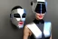 Placeholder: Technological utopia, singularity. Machine, fake smile, staring eyes. 3D-tiling on the adaptive background. Lightly armored, haughty cyborg. Cyber-punk full-mask. Lay figure woman is mischievous. Insane. Repugnant behavior towards a human. tippets. Haute Couture 1996. Light right. Colors are silver, black, Cyan. Huge headphones. golden rings & disc. Thick tights Thick calves Curved fell Wide hip. Secretly wears off the helmet, reveals ugly old hag. Grotesque. Delicatessen Clockwork Orange Joker