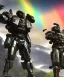 Placeholder: Photorealistic futuristic shiny samurai mechwarrior holding large katana on the surface of an alien planet with a rainbow behind it