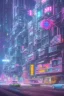 Placeholder: Brutalist style architecture cityscape, neon lights, vibrant billboards, traffic