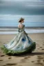 Placeholder: woman wearing a ball gown on the beach in the style of monet