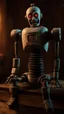 Placeholder: Generate a spine-chilling Halloween horror scene featuring a robot chicken as if it's a character from a terrifying movie, with eerie lighting and a haunting atmosphere."