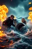 Placeholder: 18-year-old Scott Kendall and 15-year-old Judi Ott emerging from a tumultuous sea amidst a stormy backdrop, locked in combat with a great white shark amidst a conflagration of fire and explosive effects, ambient lighting, professional composition, infused with a mix of elegance and futuristic aesthetics, ultra-realistic, mystical undertones, sharp focus capturing every water droplet and flame, rational placement of subjects within a cinematic frame, epic atmosphere,