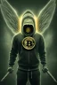 Placeholder: running berserker portrait , no face, black jogging suite , in the night Alps , holding bitcoin , angels background, volumetric gold light, high detail, dark leaf tree, dark mountains in background, perfect