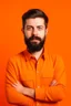 Placeholder: high quality photography 30 year old handsome developer man, front view, flat single color orange background