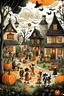 Placeholder: portraying a lively Halloween celebration in a village. The background should be white, and the scene should include houses, trees, and people engaged in festive Halloween activities. Populate the setting with iconic Halloween elements such as pumpkins, Jack-o'-lanterns, spooky decorations, and individuals dressed in various costumes. To capture the essence of a sketch, utilize thick black lines for outlines, and ensure that there are no shadows or additional colors in the image