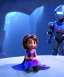 Placeholder: little girl sitting inside a big robot suit, white and purple