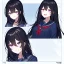 Placeholder: Clear focus,8k,Beatiful Lighting,Beatiful Blur,Beatiful Face,Beatiful Shading,Black long hair,silky hair, long silky bangs, Purple eyes, wearing a sailor uniform outfit, Hair in eyes, lot of hair, Line art, Happy, Smiling