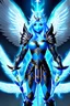 Placeholder: a person in runic armor with blue wings, blue short hair, runic tattoo and spell book