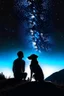 Placeholder: Black background on a mountaintop. A silhouette of a fit human man and a silhouette of a fit human woman sitting close to each other, looking at the stars. A large dog is in the photo behind the woman and the man.