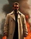 Placeholder: a young man with big muscles who looks like hans gruber wearing a trench coat and red sunglasses staring with an irritated look on his face standing in front of a large fire