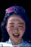Placeholder: An image of a young Korean woman with a eyes closed expression happy, holding her hands up as if she is reacting to a catastrophic event in front of her. Film, cinematic, realistic, extreme depth of field, She is wearing a white blouse with detail, blue shorts, and sunglasses pushed up onto her head. In front of her, there is a highly detailed planet resembling Earth, dramatically cracking and breaking apart with fiery explosions and molten lava visible at the fractures.