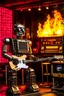 Placeholder: A hard rock robot hosts a radio show in a burning club