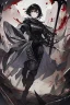 Placeholder: Anime girl with short black hair and sharp green eyes holding a sinister spear, full body black and white metal plate armour, full body shot, Dramatic lighting,1woman, soaked in blood,Warrior