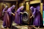 Placeholder: Medieval monks doing their laundry with a modern washing machine but make it a medieval oil painting by Leonardo da Vinci make it purple.