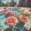 Placeholder: zinnias in a swimming pool, old damaged polaroid, sunny day, vivid colors, bokeh effect