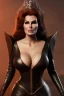 Placeholder: Raquel Welch as evil queen in black leather, leather, busty, cleavage, angry, stern look. character design by cory loftis, fenghua zhong, ryohei hase, ismail inceoglu and ruan jia. unreal engine 5, artistic lighting, highly detailed, photorealistic, fantasy