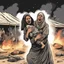 Placeholder: A Palestinian woman wearing the Palestinian dress carries her dead son as she screams and cries at night, with explosions in refugee tents behind her.