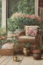 Placeholder: Night, twilight, a light brown wicker sofa with floral cushions, a glass-topped table in front of it, coffee steaming in a porcelain cup, and a down-turned open book next to it. Above the settee, flower bushes in planters, all on the terrace of a luxury house S<AI Nikon D850 highly detailed digital painting sharp focus elegant intricate photorealistic 4k very attractive beautiful dynamic lighting award winning fantastic view crisp quality Unreal Engine very cute cinematic postprocessing acrylic