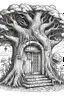 Placeholder: outline art, a cozy abode nestled within the hollow of a massive ancient tree. The entrance is a wooden door with intricate carvings, and the interior is furnished with natural elements like leafy curtains and bark furniture, only black outline, clear line art, white background, no shadows, no tones color, no detailed artwork, clear and well outlined.