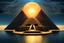 Placeholder: centered an extraordinary view of an otherworldly alien dark blue pyramid palace with a large sun symbol on top of it, surrounded by ocean