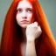 Placeholder: face of a young woman head and gaze downcast with fine features and long red hair