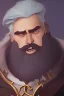 Placeholder: Medieval Fantasy Bearded strong man wearing a thick fur-lined merchant's coat, wearing gold rings, divine, halo, happy smiling, portrait, high definition, realistic, long hair, dynamic lighting, volumetric lighting, mustache, blond, arcane, wise